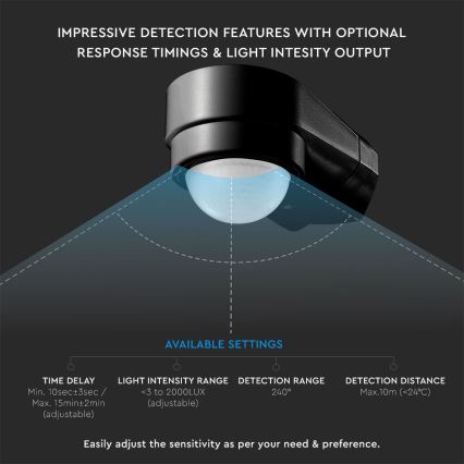 Sensor exterior de movimento por infravermelhos 240° 600W/230V IP65 preto