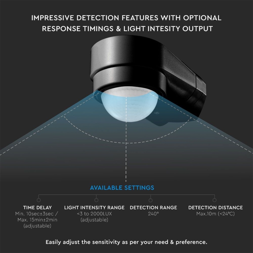 Sensor exterior de movimento por infravermelhos 240° 600W/230V IP65 preto