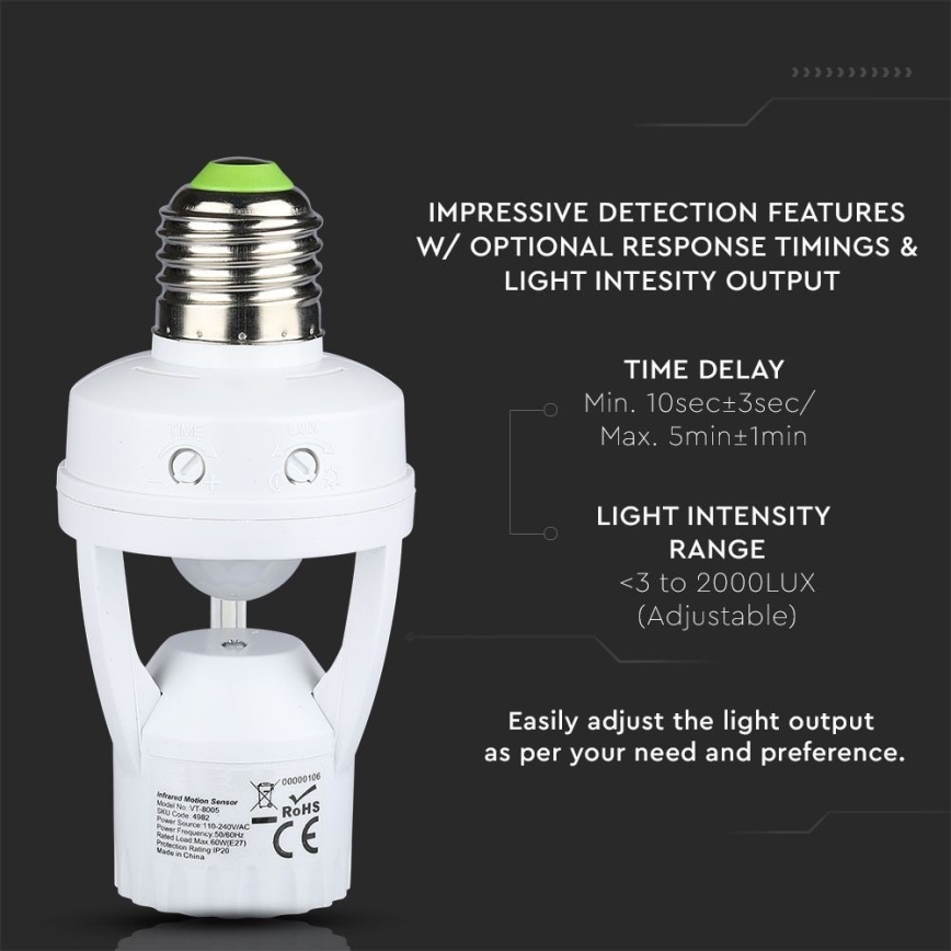 Sensor PIR para lâmpada E27 branco