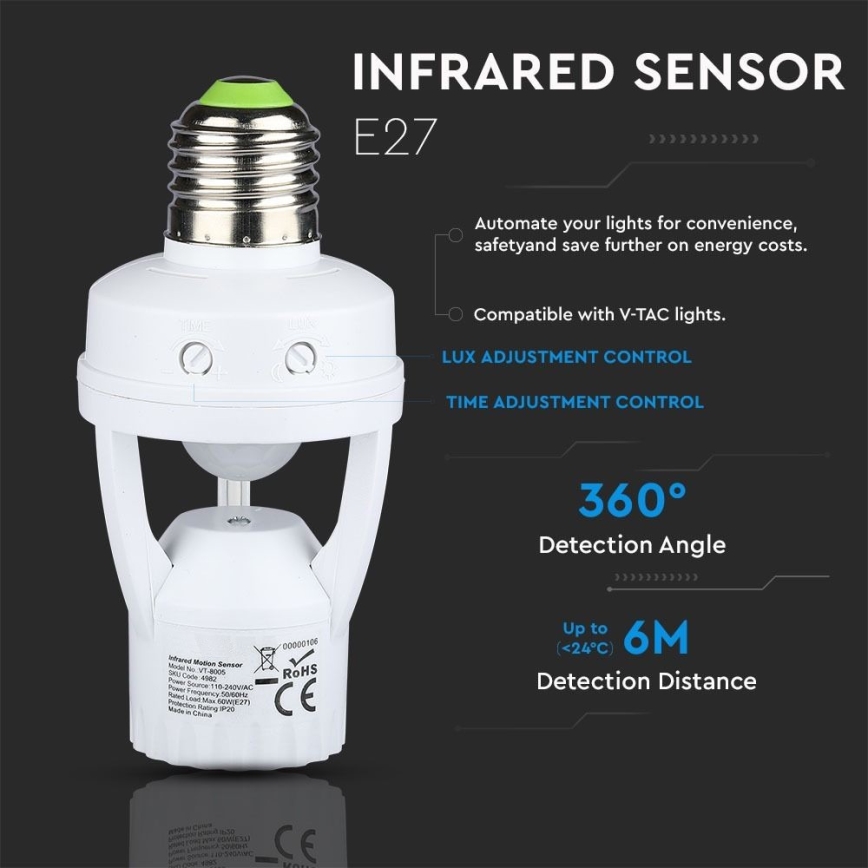 Sensor PIR para lâmpada E27 branco