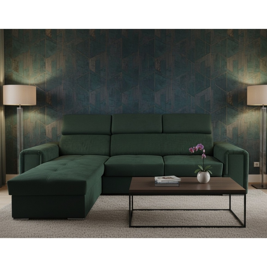 Sofá-cama de canto em L reversível com arrumação SALVADA, verde