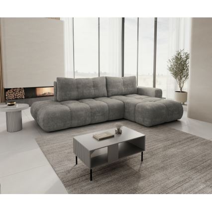 Sofá-cama de canto estofado em L ALMADA, com espaço de arrumação, chaise à direita, cinzento