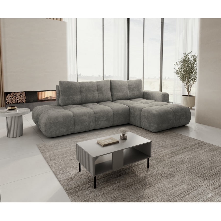 Sofá-cama de canto estofado em L ALMADA, com espaço de arrumação, chaise à direita, cinzento