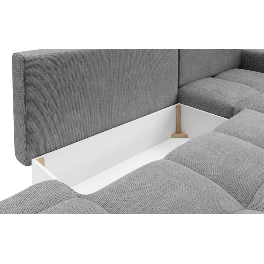 Sofá-cama de canto estofado em L ALMADA, com espaço de arrumação, chaise à direita, cinzento