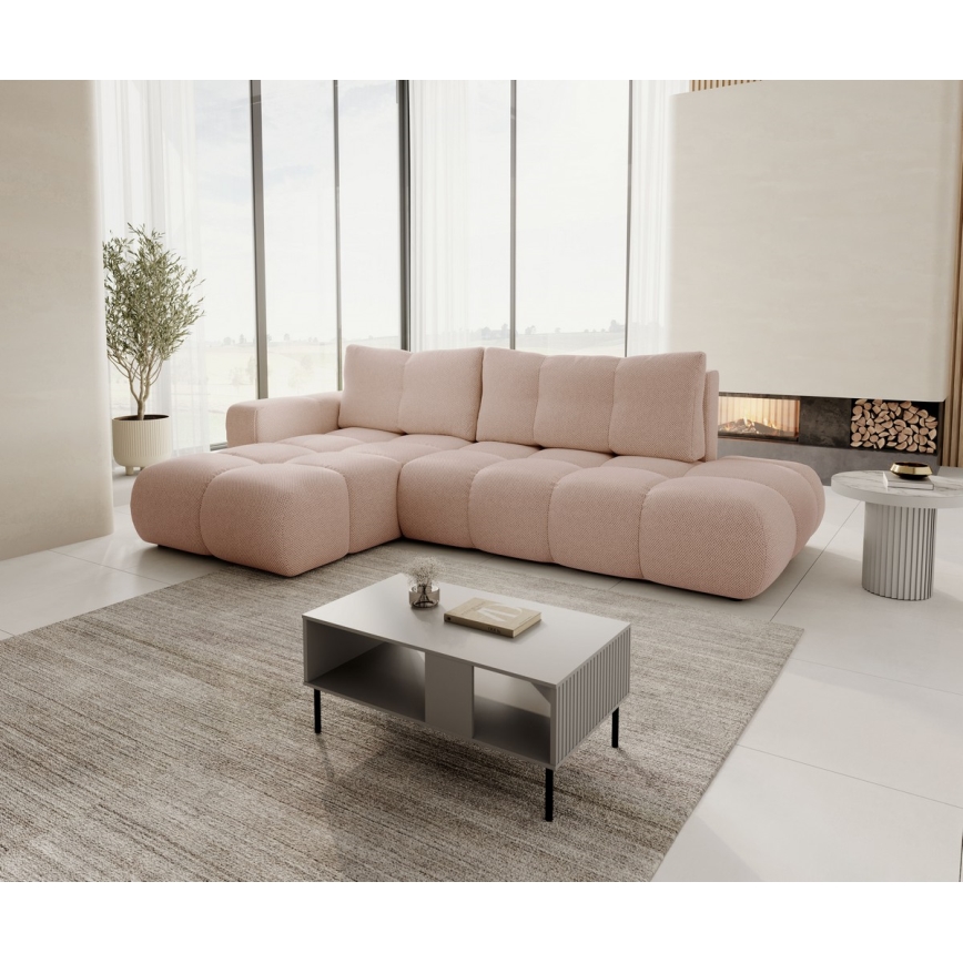 Sofá-cama de canto em L ALMADA estofado com baú, versão esquerda, rosa