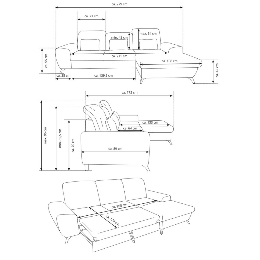 Sofá-cama de canto estofado em L ALTA, canto direito, cinzento, com espaço de arrumação