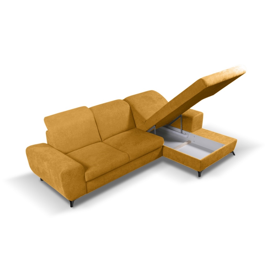 Sofá-cama de canto estofado ALTA em L com espaço de arrumação, orientação direita, amarelo