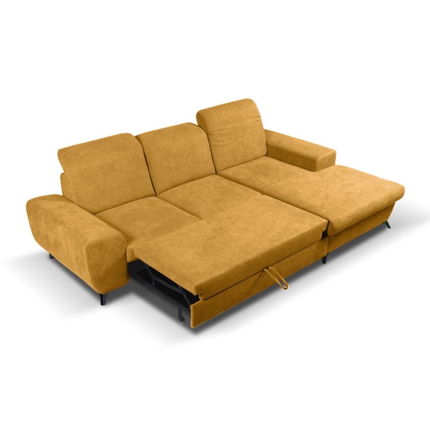 Sofá-cama de canto estofado ALTA em L com espaço de arrumação, orientação direita, amarelo