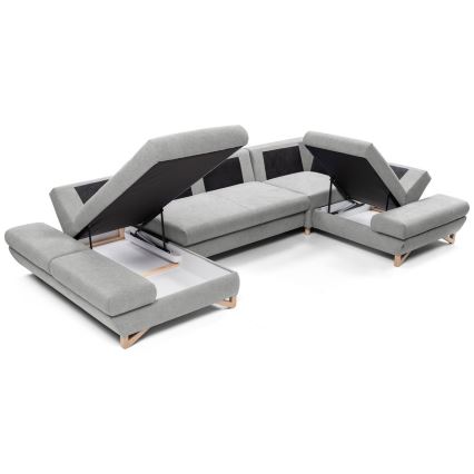 Sofá-cama de canto estofado em U AVESTA cinza com espaço de armazenamento