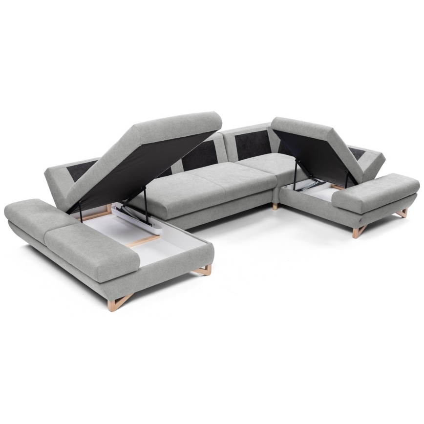 Sofá-cama de canto estofado em U AVESTA cinza com espaço de armazenamento