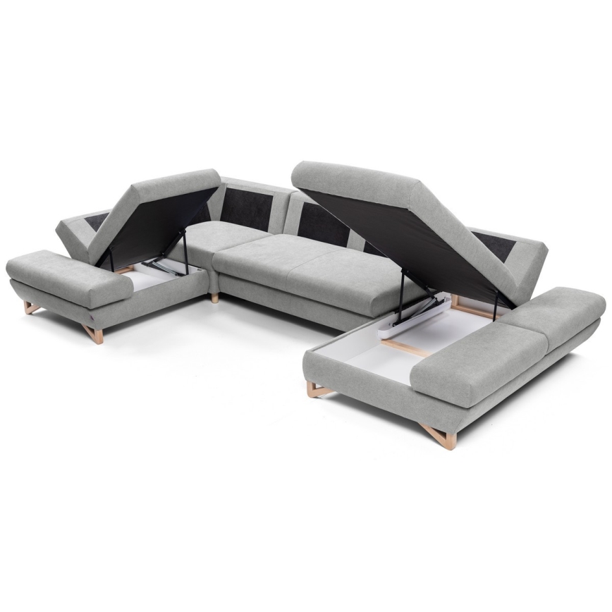 Sofá-cama de canto estofado em U AVESTA cinza com espaço de armazenamento