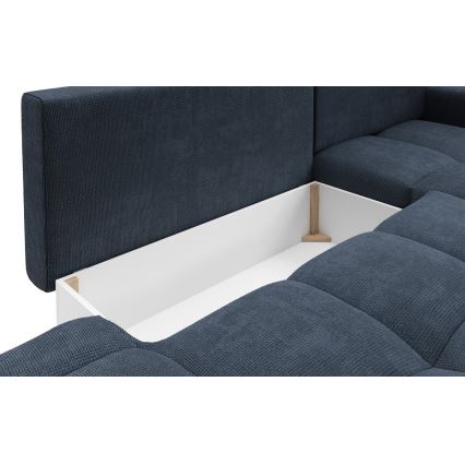 Sofá-cama de canto estofado em L ALMADA, com baú, canto direito, azul