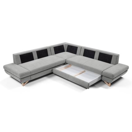 Sofá-cama de canto estofado AVESTA em L, canto direito, cinzento, com espaço de arrumação