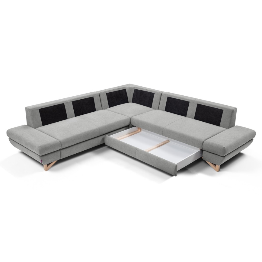 Sofá-cama de canto estofado AVESTA em L, canto direito, cinzento, com espaço de arrumação