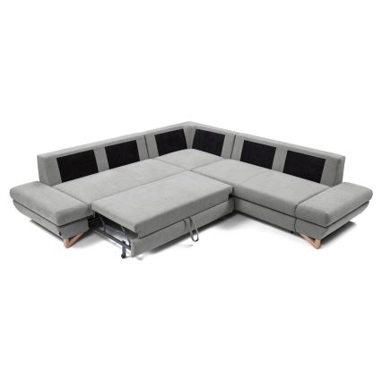 Sofá-cama de canto estofado AVESTA em L, canto direito, cinzento, com espaço de arrumação