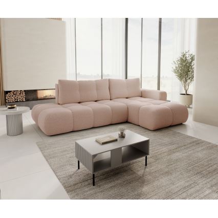 Sofá-cama de canto em L ALMADA, estofado, com espaço de arrumação, versão direita, rosa