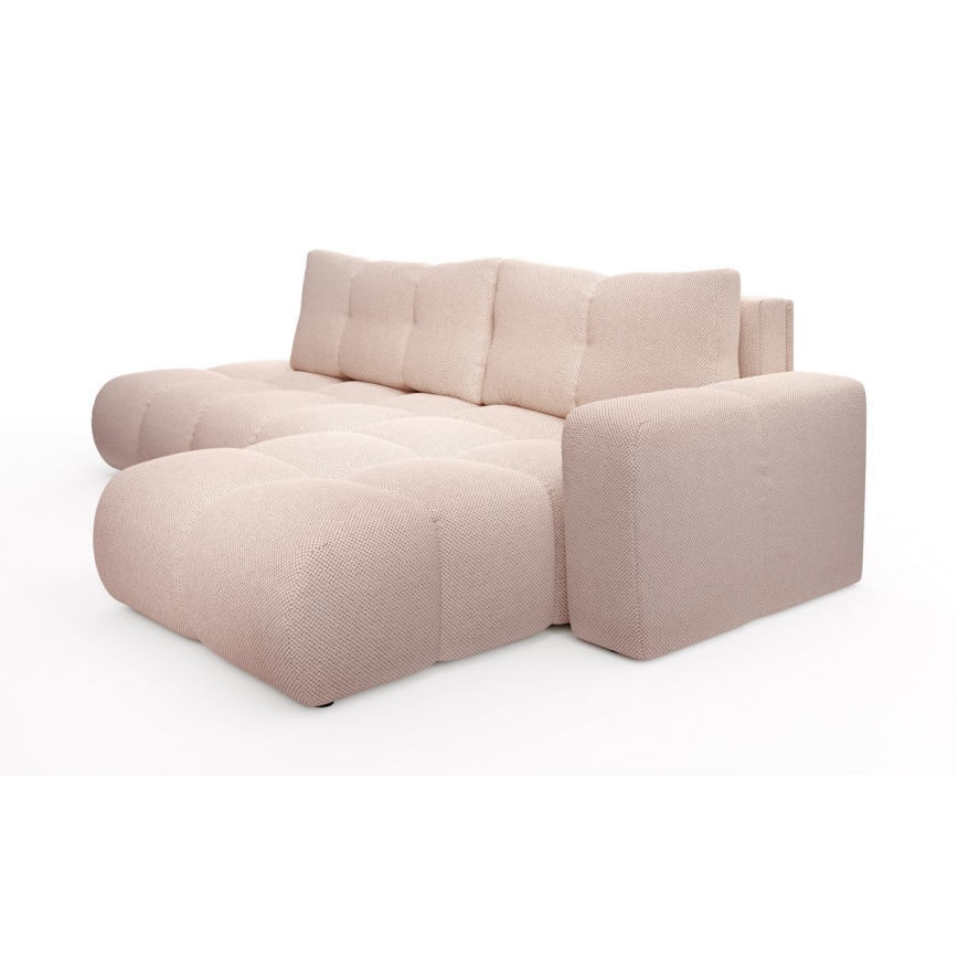 Sofá-cama de canto em L ALMADA, estofado, com espaço de arrumação, versão direita, rosa