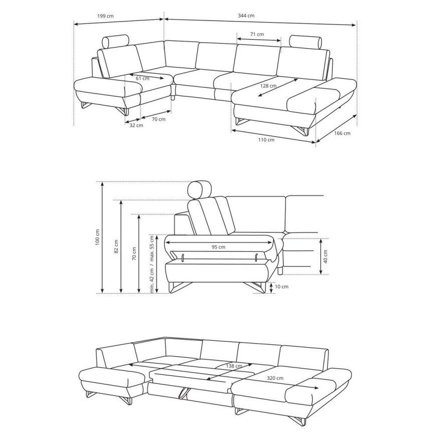 Sofá-cama de canto estofado em U com espaço de arrumação AVESTA cinzento