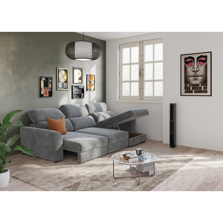 Sofá-cama de canto universal de três lugares com espaço de armazenamento TRENTO cinza