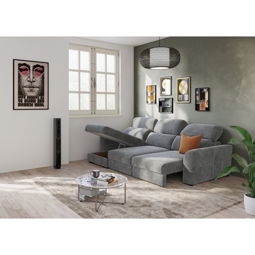 Sofá-cama de canto universal de três lugares com espaço de armazenamento TRENTO cinza