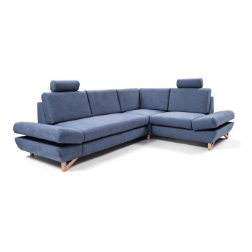 Sofá-cama estofado de canto em L AVESTA, canto direito, azul, com baú de arrumação