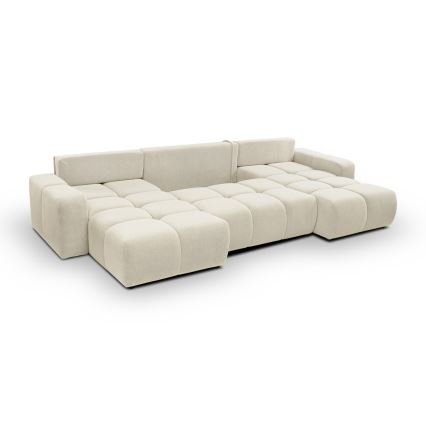 Sofá-cama estofado em U ALMADA com espaço de arrumação, cor bege