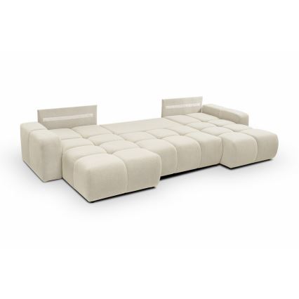 Sofá-cama estofado em U ALMADA com espaço de arrumação, cor bege