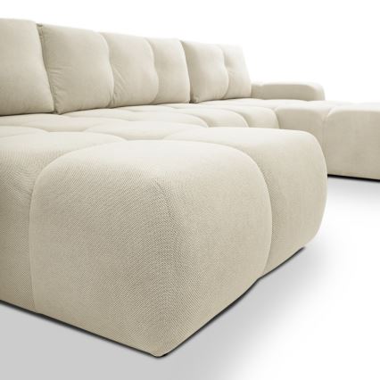 Sofá-cama estofado em U ALMADA com espaço de arrumação, cor bege