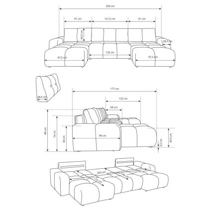 Sofá-cama estofado em U com baú de arrumação ALMADA, bege