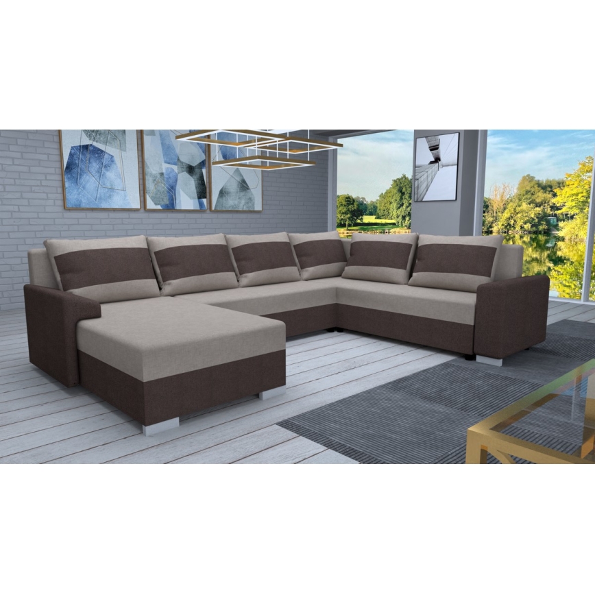 Sofá-cama universal estofado em U OXFORD castanho/taupe