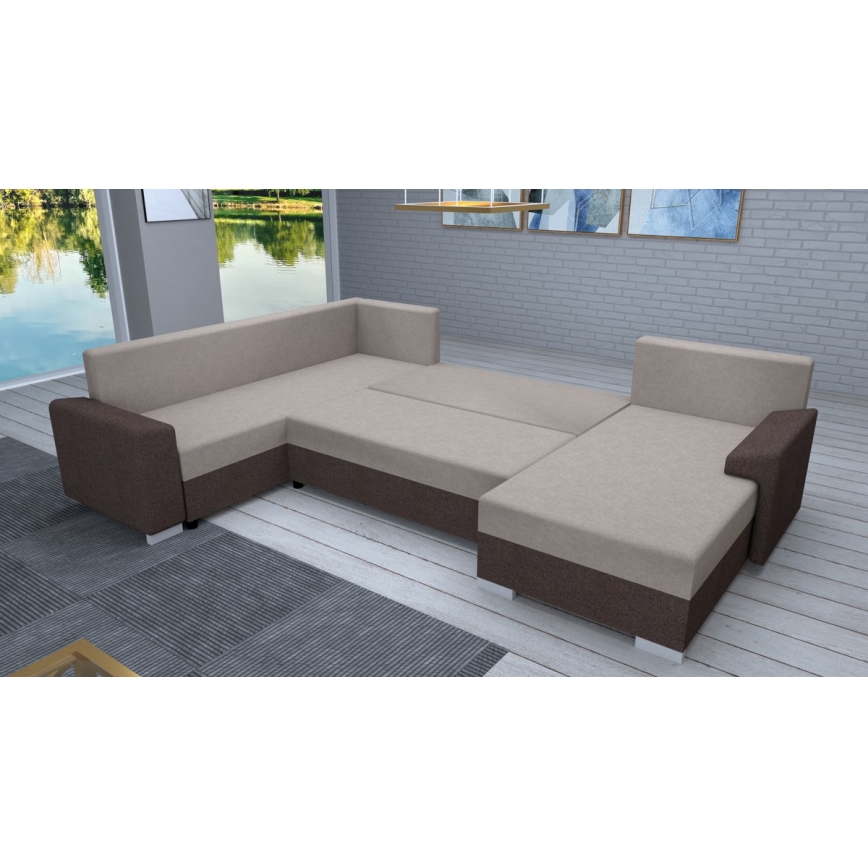 Sofá-cama universal estofado em U OXFORD castanho/taupe