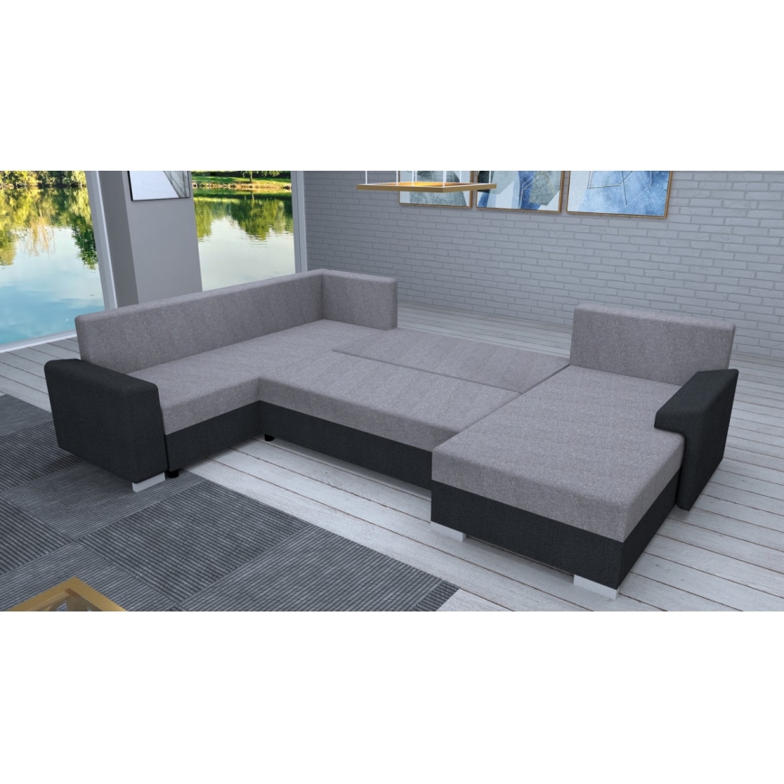 Sofá-cama universal estofado em U OXFORD preto/cinza