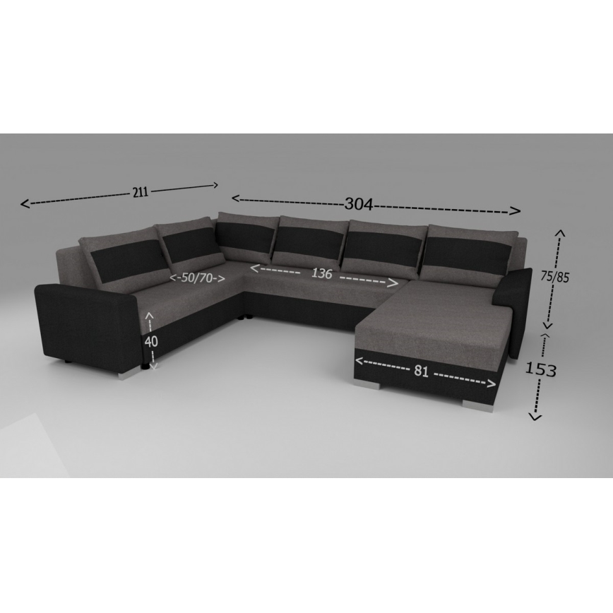 Sofá-cama universal estofado em U OXFORD preto/cinza