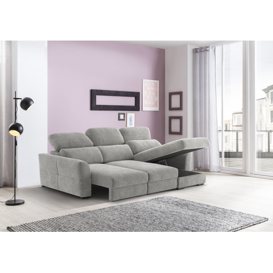 Sofá-cama de canto universal de três lugares com espaço de armazenamento TRENTO cinza claro
