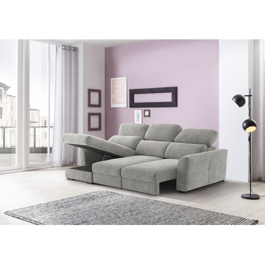 Sofá-cama de canto universal de três lugares com espaço de armazenamento TRENTO cinza claro