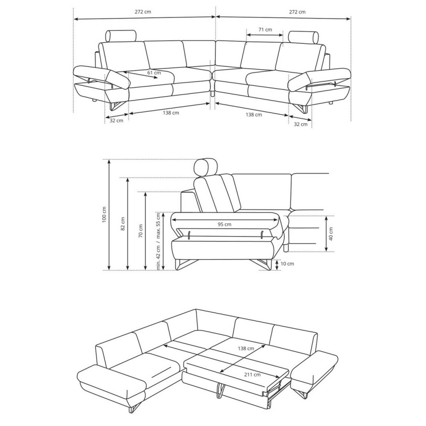 Sofá para sala de estar de canto estofado em forma de L com espaço de arrumação AVESTA direita antracite