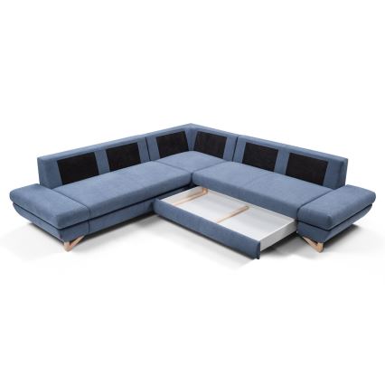 Sofá para sala de estar de canto estofado em forma de L com espaço de arrumação AVESTA direita azul