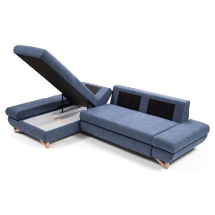 Sofá para sala de estar de canto estofado em forma de L com espaço de arrumação AVESTA esquerda azul