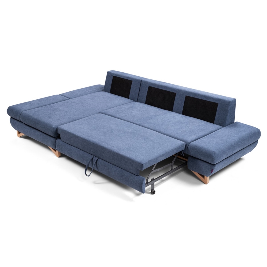 Sofá para sala de estar de canto estofado em forma de L com espaço de arrumação AVESTA esquerda azul
