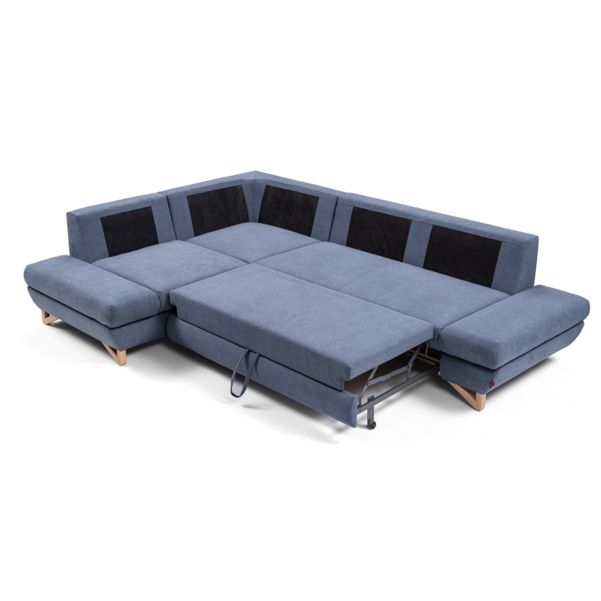 Sofá para sala de estar de canto estofado em forma de L com espaço de arrumação AVESTA esquerda azul