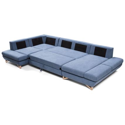 Sofá para sala de estar de canto estofado em forma de U com espaço de arrumação AVESTA esquerda azul