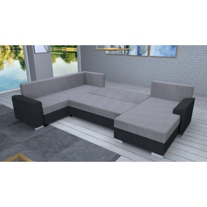 Sofá seccional estofado em U OXFORD, reversível e com função de cama, preto/cinza