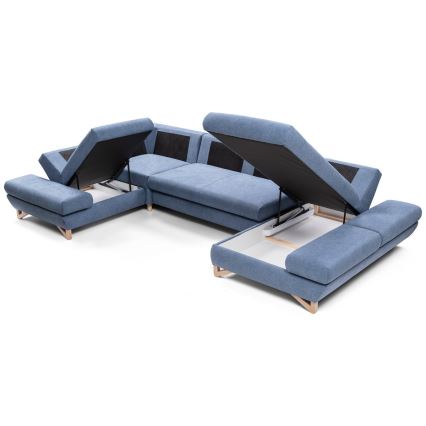 Sofá-cama de canto estofado em U com arrumação AVESTA azul
