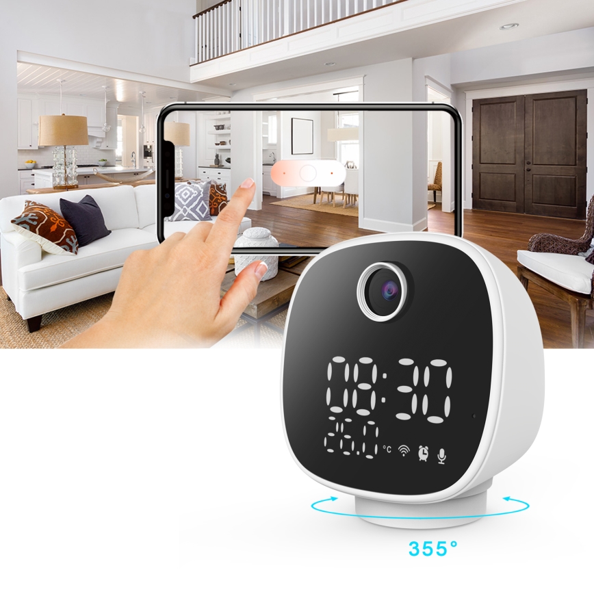 Câmara inteligente com despertador, termómetro e luz LED 1296p 3Mpx 5V Wi-Fi Tuya IP65