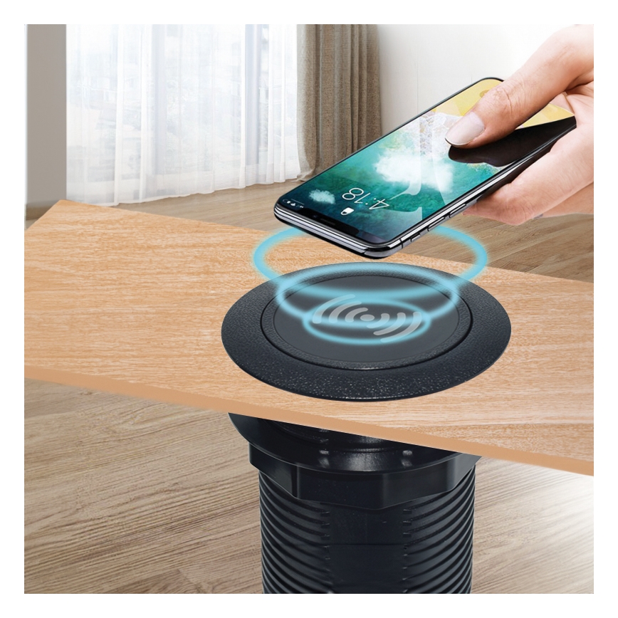 Carregador sem fios incorporado + USB A+C preto