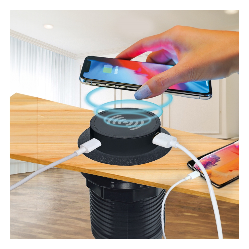 Carregador sem fios incorporado + USB A+C preto