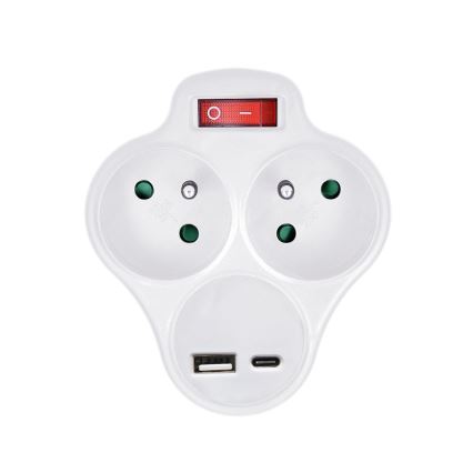 Divisor de tomadas com uma USB A+C charger e interruptor 2x10A branco