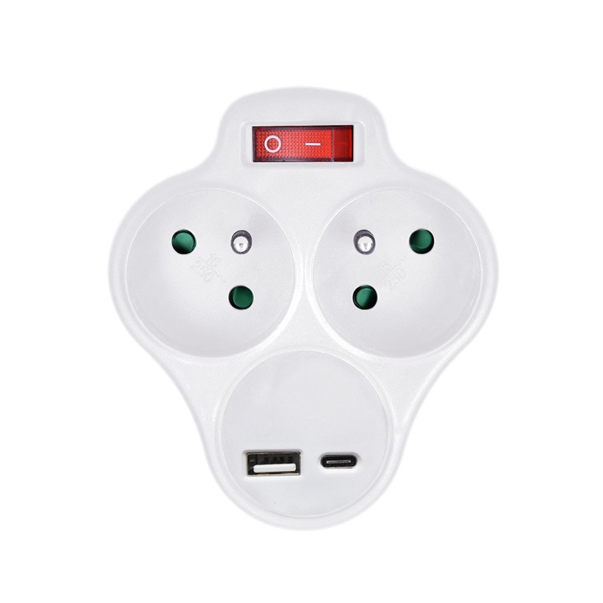 Divisor de tomadas com uma USB A+C charger e interruptor 2x10A branco