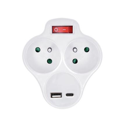Divisor de tomadas com carregador USB A+C e interruptor 2x10A branco