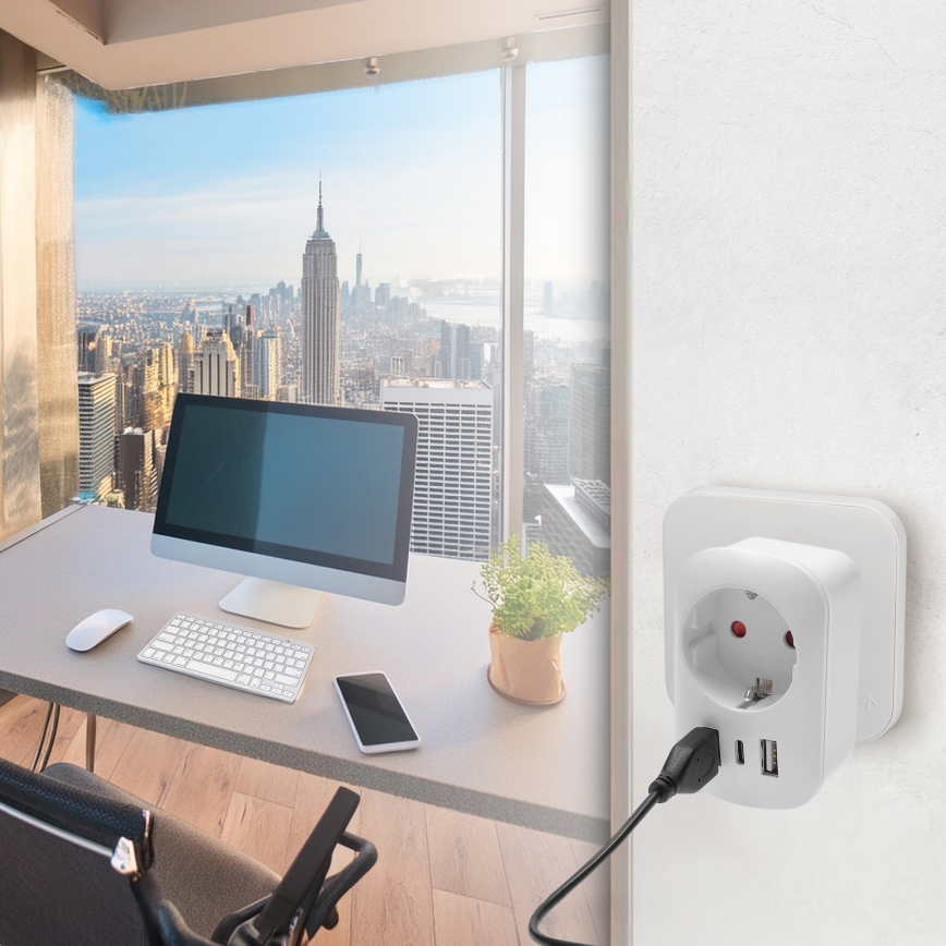 Adaptador de viagem para os EUA 230 V com 2x USB-A e 1x USB-C